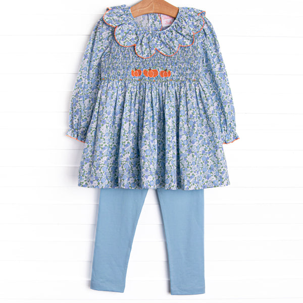 Pumpkin Posy Smocked Legging Set, Blue