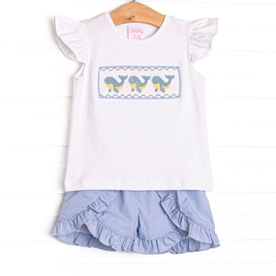 Blue Whale Waves Smocked Ruffle Short Set, Blue