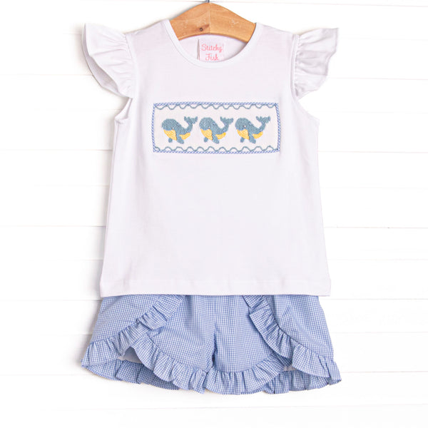 Blue Whale Waves Smocked Ruffle Short Set, Blue