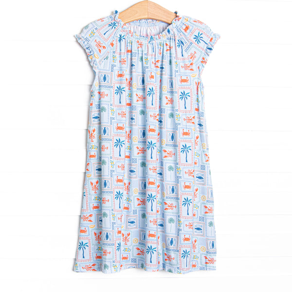 Santorini Stamps Bamboo Night Gown, Blue