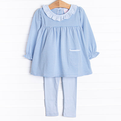 The set features soft knit material, medium blue stripes, and coordinating blue leggings to match
