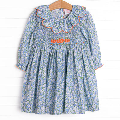 Pumpkin Posy Smocked Dress, Blue