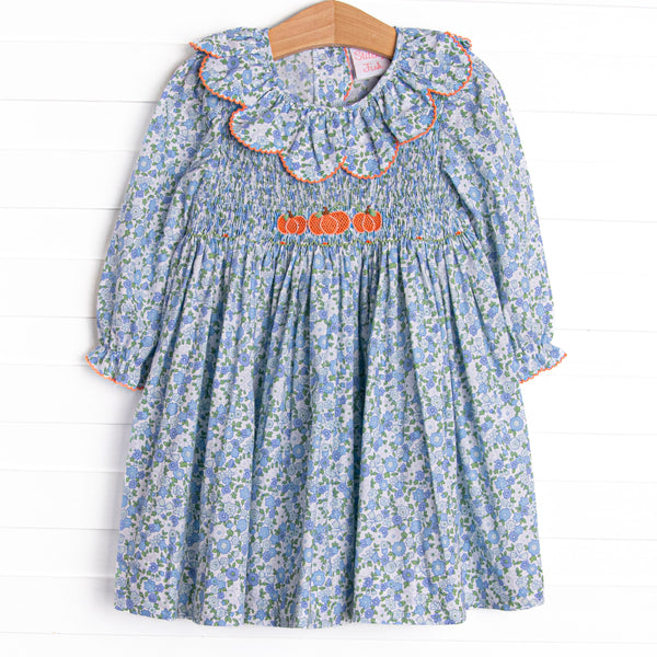 Pumpkin Posy Smocked Dress, Blue