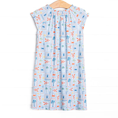 Santorini Stamps Bamboo Night Gown, Blue