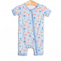 Santorini Stamps Bamboo Short Zippy Pajama, Blue