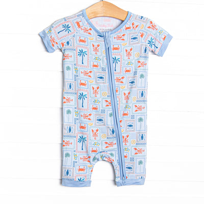 Santorini Stamps Bamboo Short Zippy Pajama, Blue