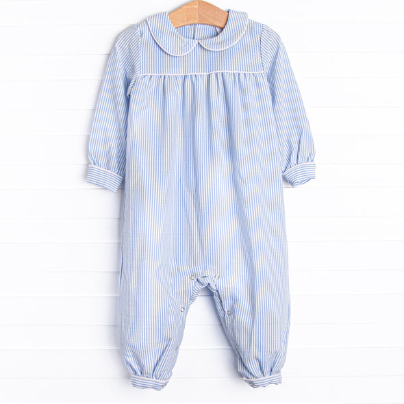 Pinstripe Prep Long Romper, Blue