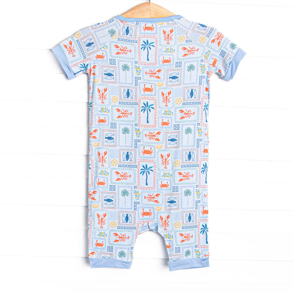 Santorini Stamps Bamboo Short Zippy Pajama, Blue