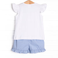 Blue Whale Waves Smocked Ruffle Short Set, Blue