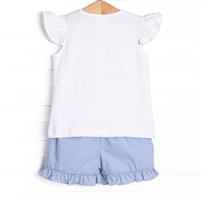 Blue Whale Waves Smocked Ruffle Short Set, Blue
