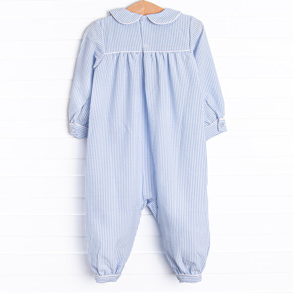 Pinstripe Prep Long Romper, Blue
