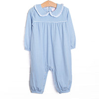  This romper features a blue stripes, a peter pan collar with ruffle trim, and snaps on the stride to make changing a breeze. 