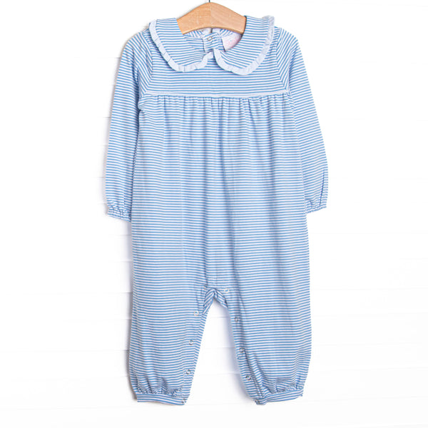  This romper features a blue stripes, a peter pan collar with ruffle trim, and snaps on the stride to make changing a breeze. 
