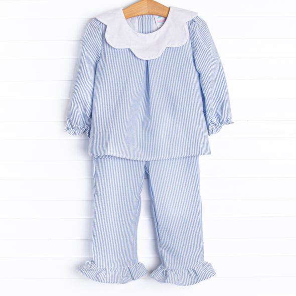 Pinstripe Prep Ruffle Pant Set, Blue