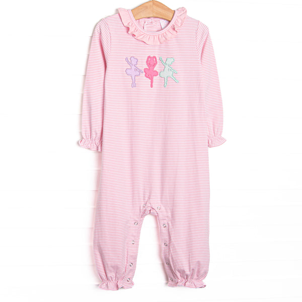 This romper features pink striped fabric, ballerina trio applique, and a ruffle collar.