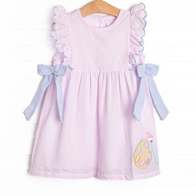 Painter's Palette Applique Side Tie Dress, Pink Seersucker