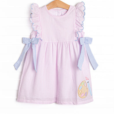 Painter's Palette Applique Side Tie Dress, Pink Seersucker