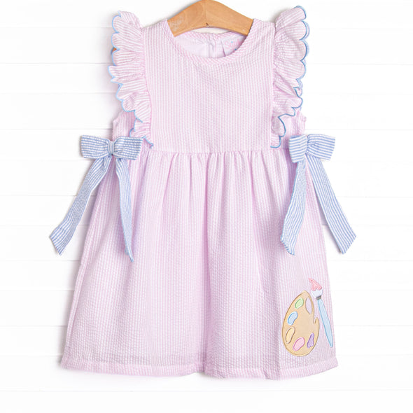 Painter's Palette Applique Side Tie Dress, Pink Seersucker