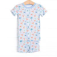 Santorini Stamps Bamboo Pajama Short Set, Blue