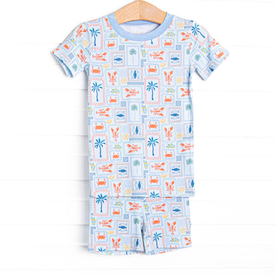 Santorini Stamps Bamboo Pajama Short Set, Blue
