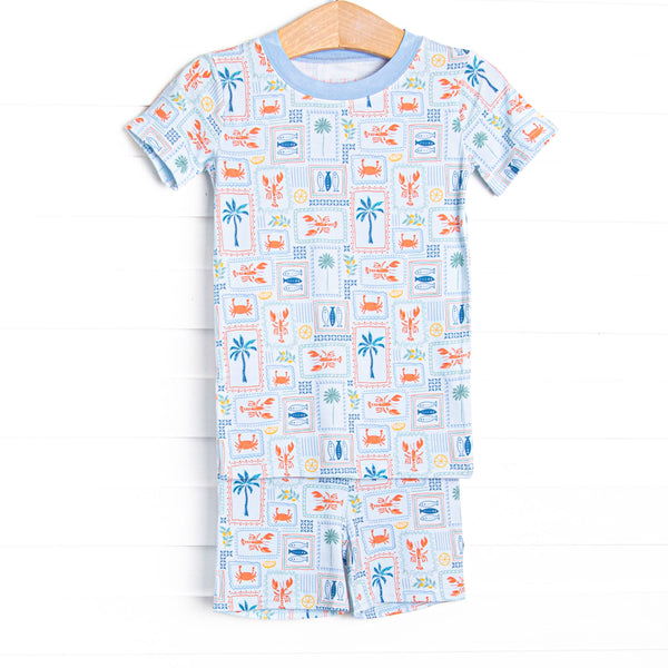 Santorini Stamps Bamboo Pajama Short Set, Blue