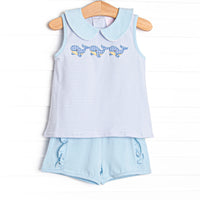 Blue Whale Waves Applique Ruffle Short Set, Blue