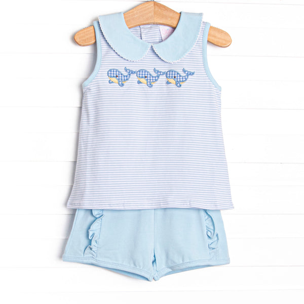 Blue Whale Waves Applique Ruffle Short Set, Blue