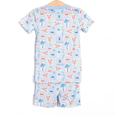 Santorini Stamps Bamboo Pajama Short Set, Blue