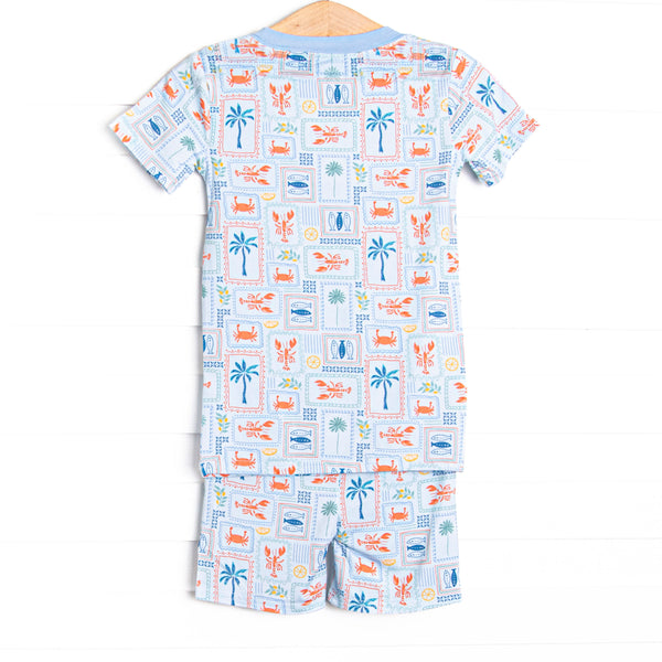 Santorini Stamps Bamboo Pajama Short Set, Blue