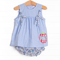  This set features a blue gingham print, blue floral bows, and an apple applique. Coordinating blue floral diaper cover to match. 