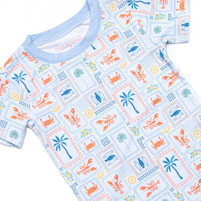 Santorini Stamps Bamboo Pajama Short Set, Blue