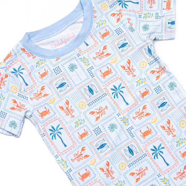 Santorini Stamps Bamboo Pajama Short Set, Blue