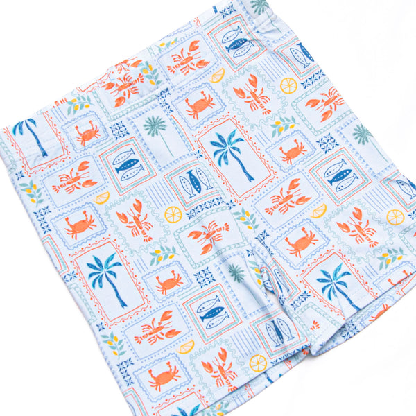 Santorini Stamps Bamboo Pajama Short Set, Blue