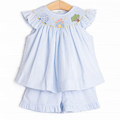 Amusement Park Adventures Smocked Ruffle Short Set, Blue Seersucker