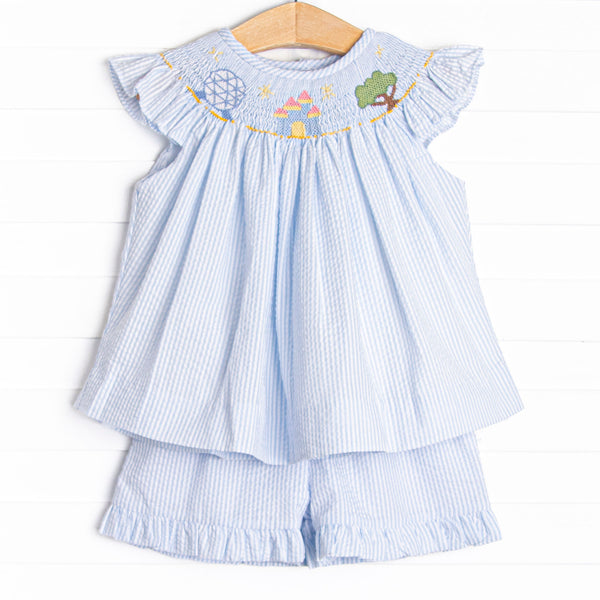 Amusement Park Adventures Smocked Ruffle Short Set, Blue Seersucker
