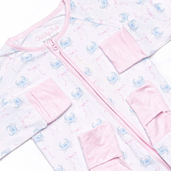 Blue Crab Bows Bamboo Zippy Pajama, Pink
