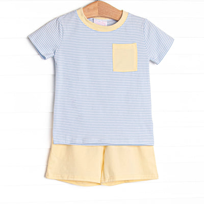 This cozy knit favorite is a staple for every little guy's closet featuring soft knit material, coordinating knit shorts, and light blue stripes.
