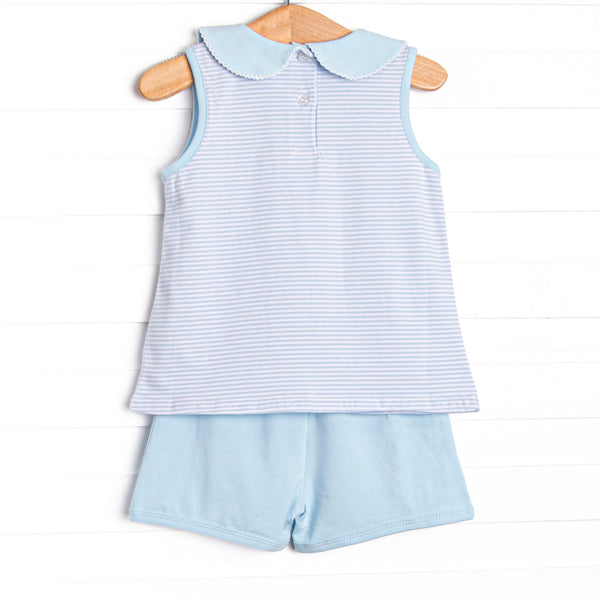 Blue Whale Waves Applique Ruffle Short Set, Blue