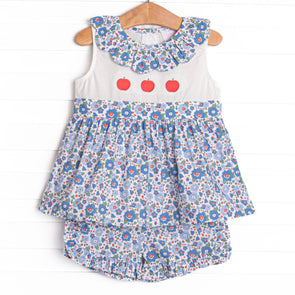 Apple Blossoms Applique Ruffle Short Set, Blue