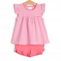 The set features a pink striped flutter sleeve top, the softest knit material, and pink ruffle shorts to match.