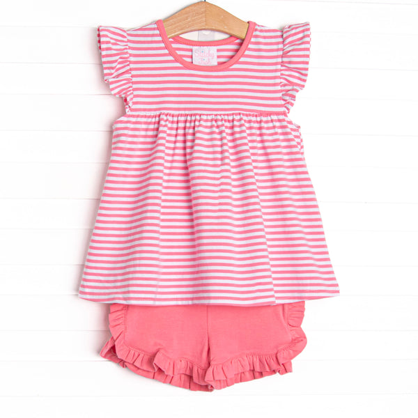 The set features a pink striped flutter sleeve top, the softest knit material, and pink ruffle shorts to match.