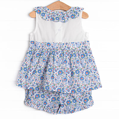 Apple Blossoms Applique Ruffle Short Set, Blue