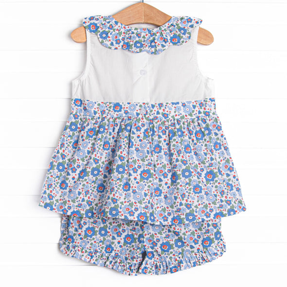 Apple Blossoms Applique Ruffle Short Set, Blue