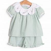Bayside Boats Embroidered Ruffle Short Set, Green