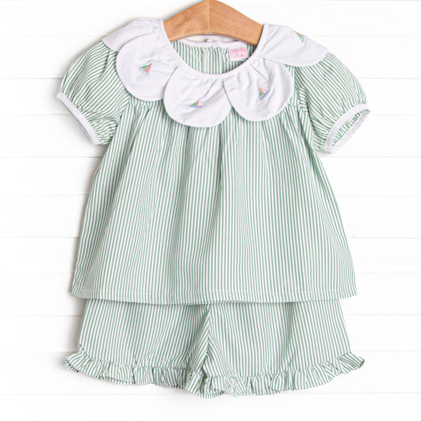Bayside Boats Embroidered Ruffle Short Set, Green