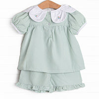 Bayside Boats Embroidered Ruffle Short Set, Green