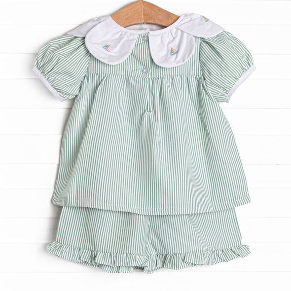 Bayside Boats Embroidered Ruffle Short Set, Green