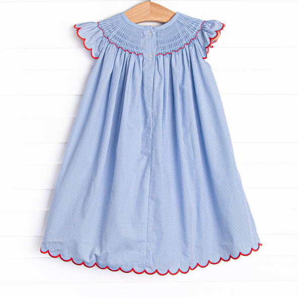 Penmanship Perfection Smocked Bishop Dress, Blue Gingham