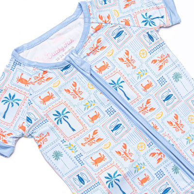 Santorini Stamps Bamboo Short Zippy Pajama, Blue