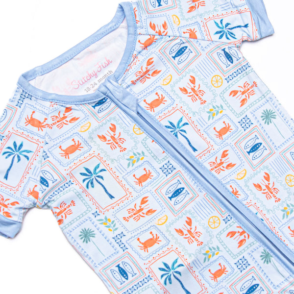 Santorini Stamps Bamboo Short Zippy Pajama, Blue